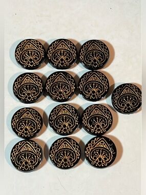 13 black glass gold luster buttons, self shanks Victorian Era